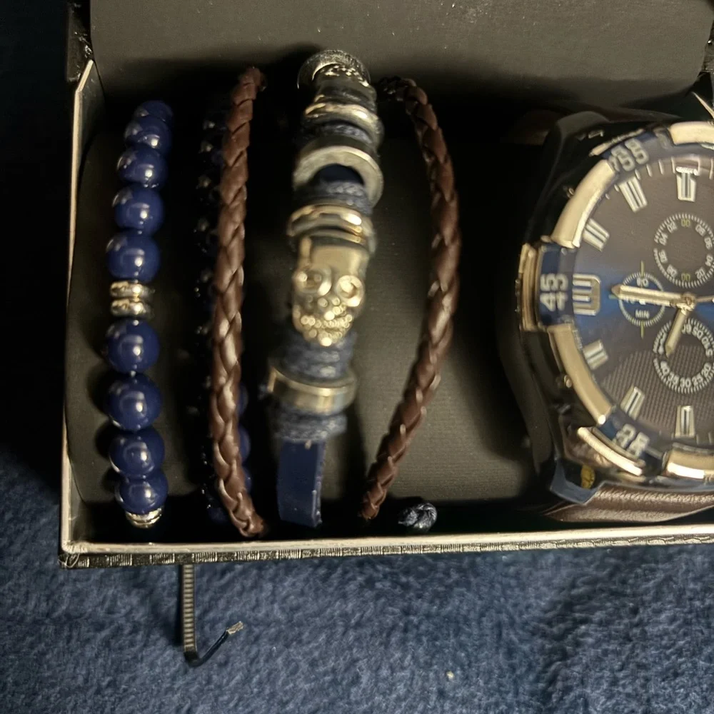 American Exchange Men's Brown Chronograph Watch & 3-pc Stackable Bracelet Set